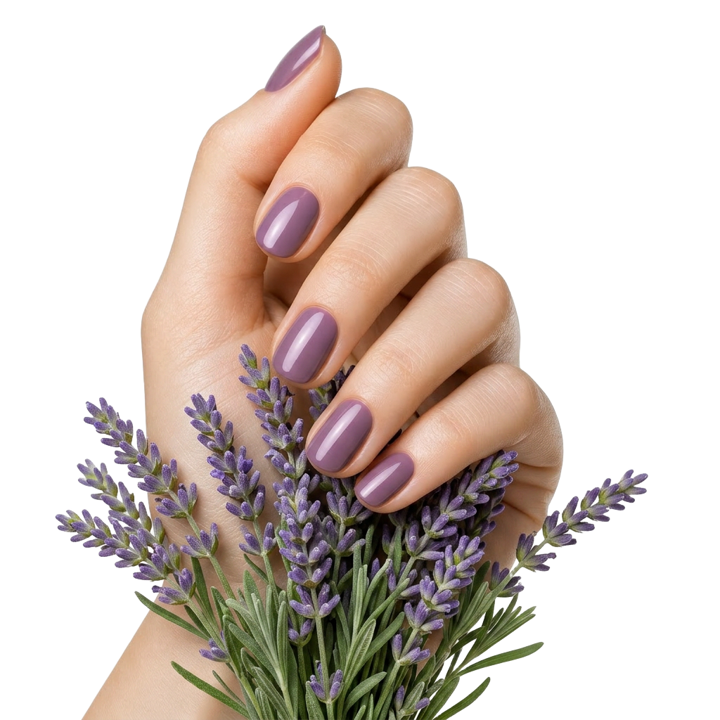 Elegantly manicured hand with plum lavender polish